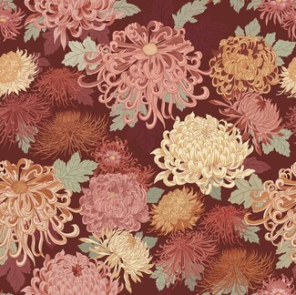 Wallpaper Chrysanthemum Motif Burgundy Red Chinoiserie Print