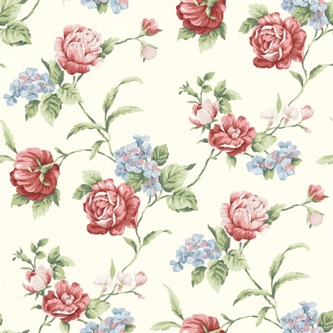Wallpaper Cranberry Red Roses Cream Heritage Floral Trail