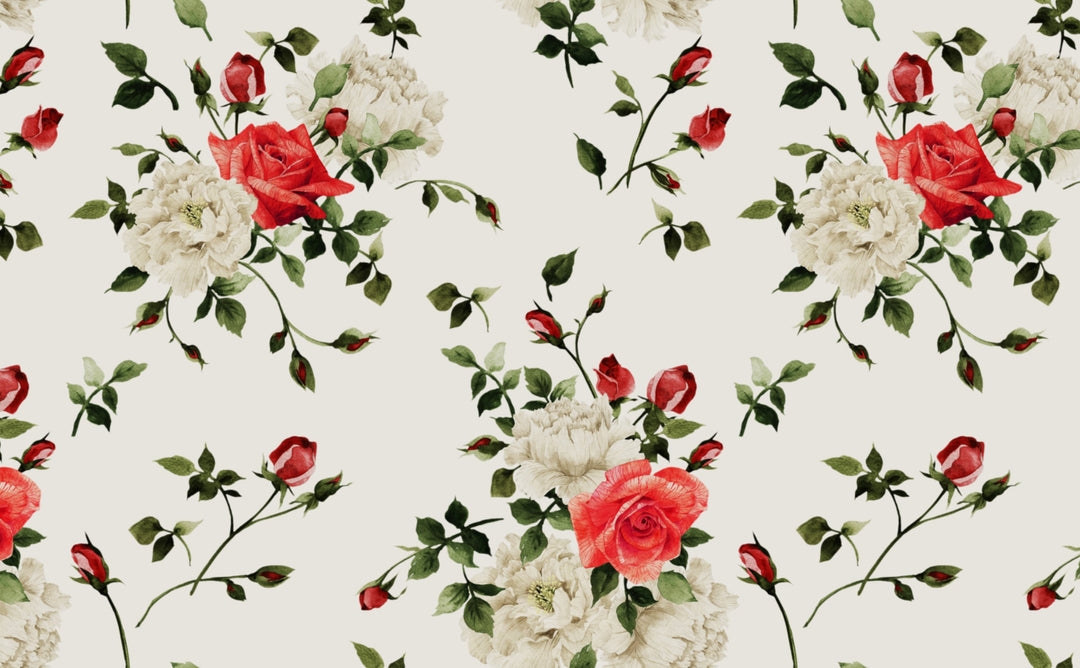 Wallpaper Crimson Red Roses Antique Cream Watercolor Floral