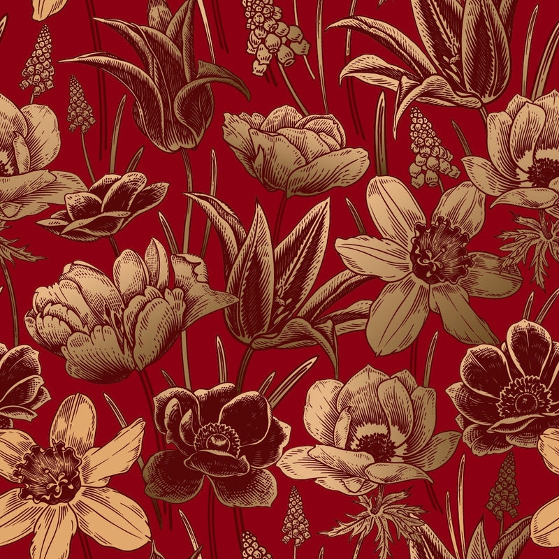 Wallpaper Engraved Botanical Shading Crimson Red Accent