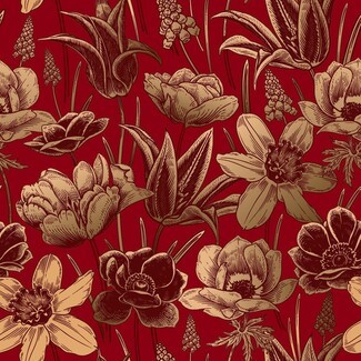 Wallpaper Engraved Botanical Shading Crimson Red Accent