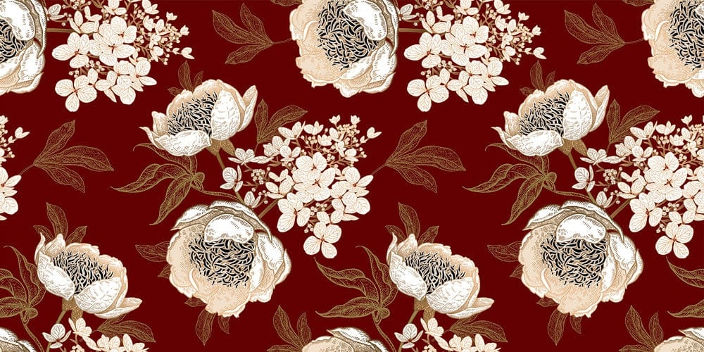 Wallpaper Mural Etched Linework Burgundy Red Peony Pattern