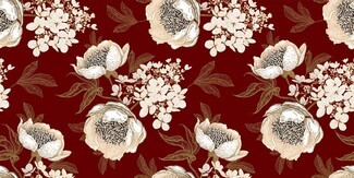 Wallpaper Mural Etched Linework Burgundy Red Peony Pattern