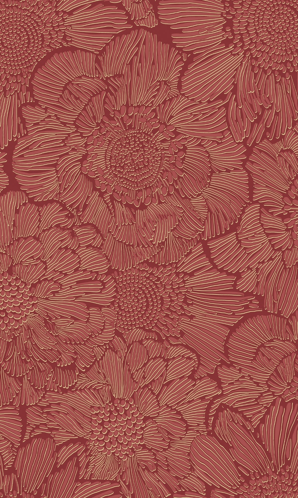 Wallpaper Sketched Line Detail Terracotta Red Botanical Art