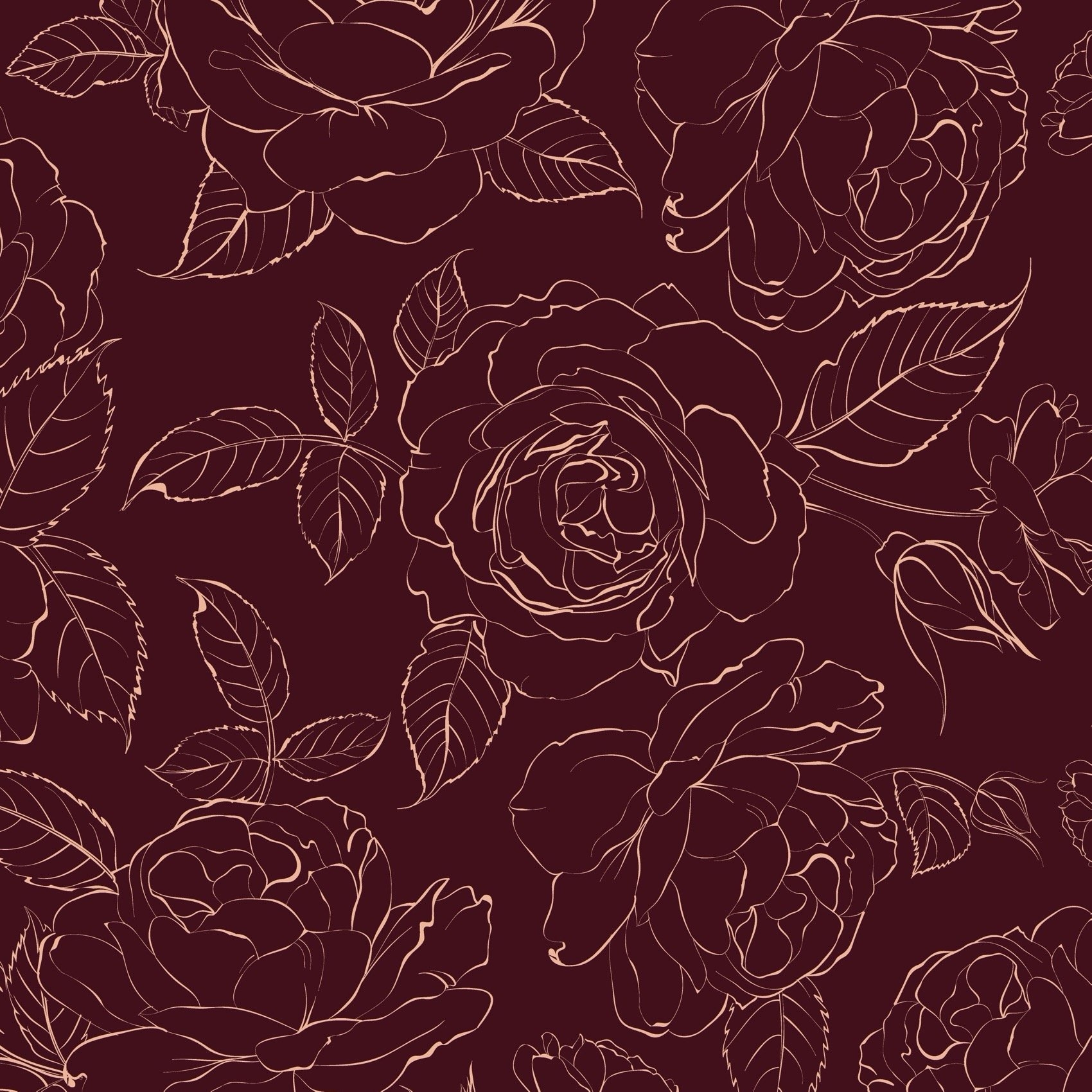 Wallpaper Sketched Roses Deep Burgundy Line Art Boho Mural