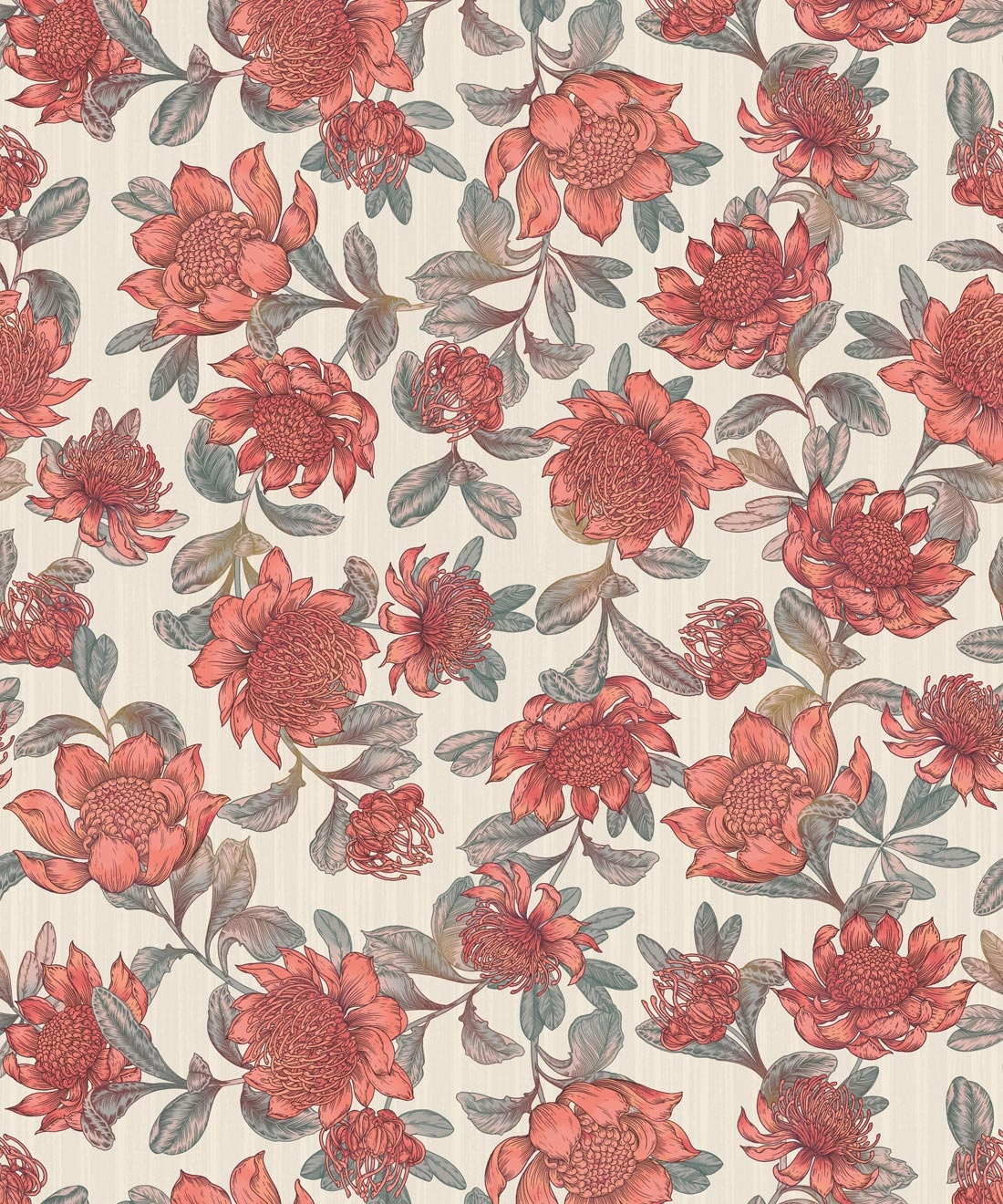 Wallpaper Waratah Motif Salmon Pink Boho Botanical Roll