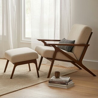 Walnut Lounge Chair Set with Z-Shaped Arms and Gray Fabric