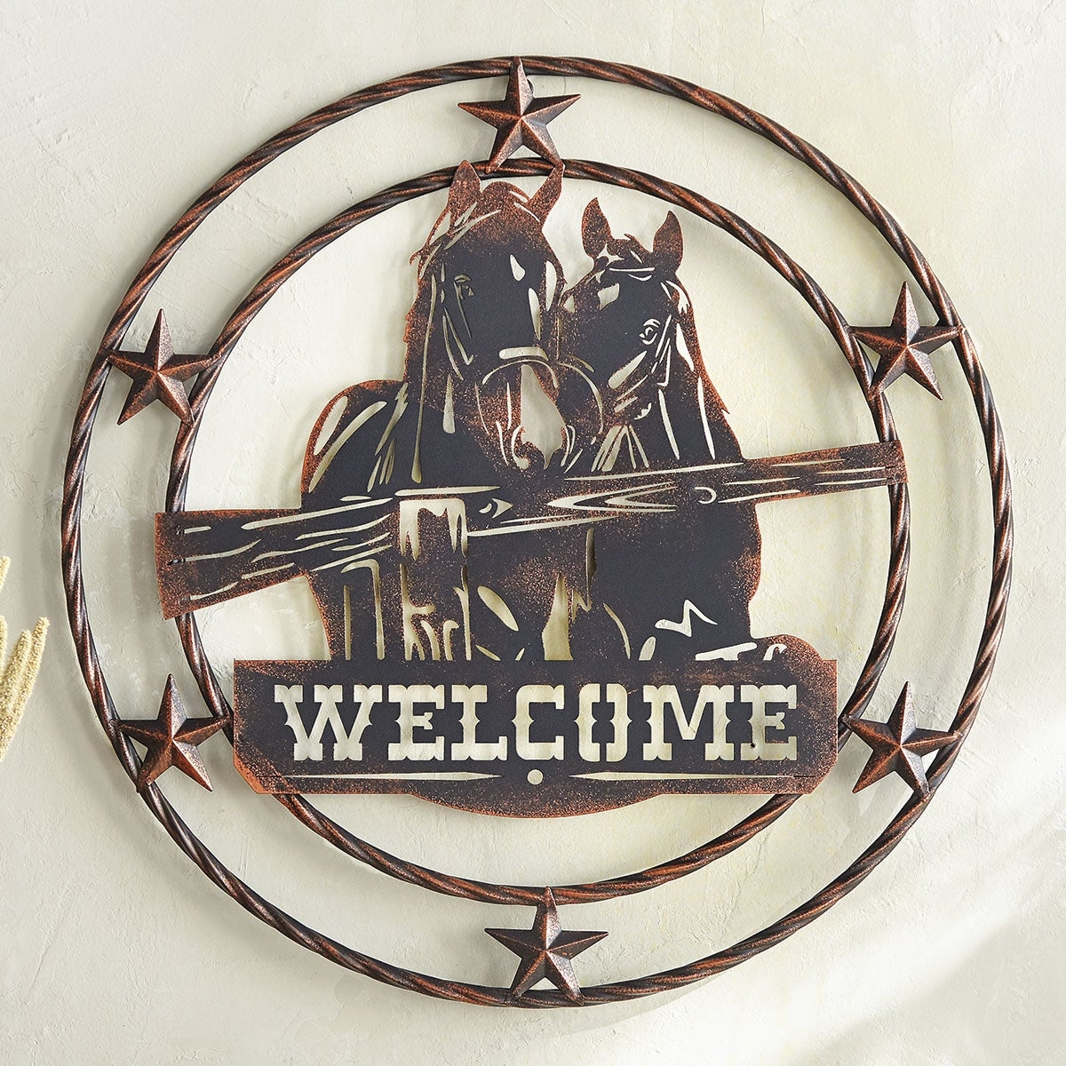 Welcome Sign Bronze Horse Motif Twisted Rope Frame Art