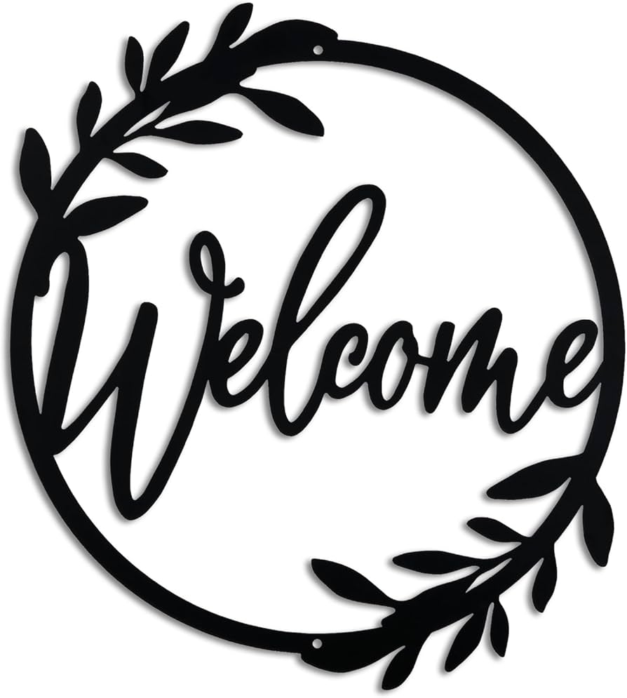 Welcome Sign Matte Black Botanical Wreath Cursive Art