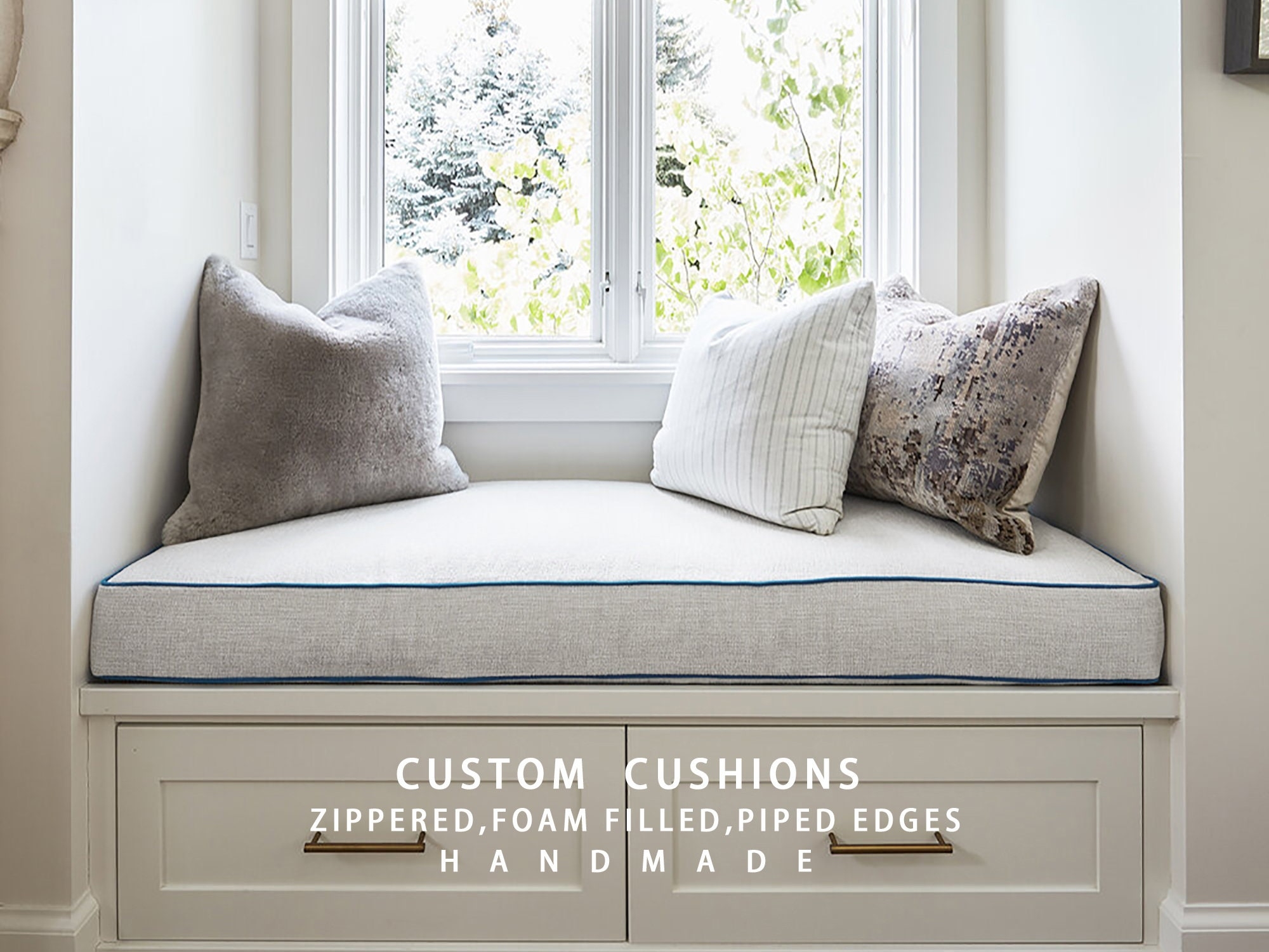 Window Bench Cushion with Contrast Piping and Custom Size