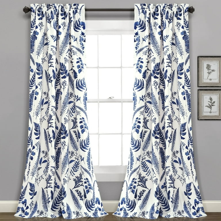 Window Curtain Panels: Allover Fern Patterns, Blue Botanical Print