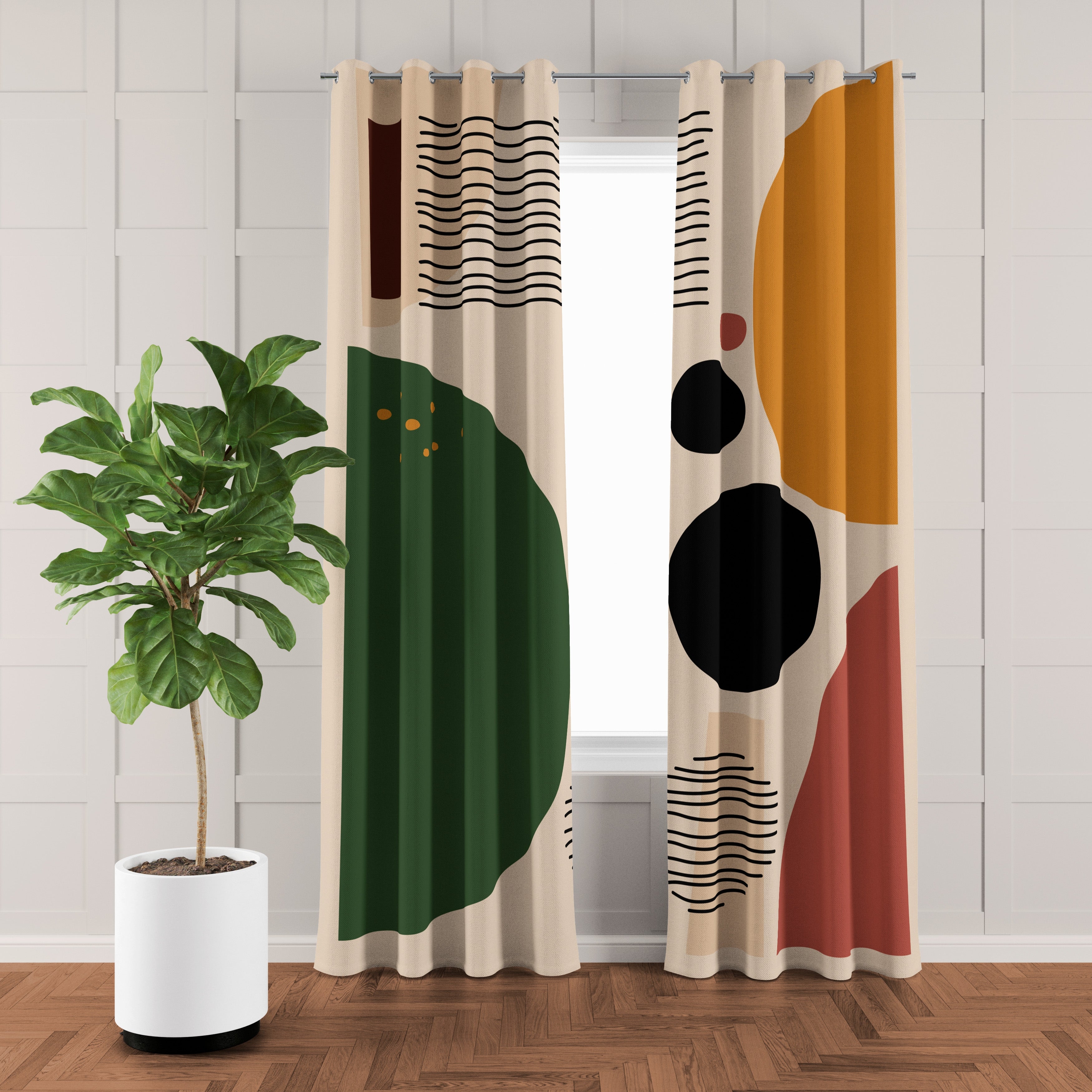 Window Curtains Grommet Top Forest Green Modernist Graphic Drapes