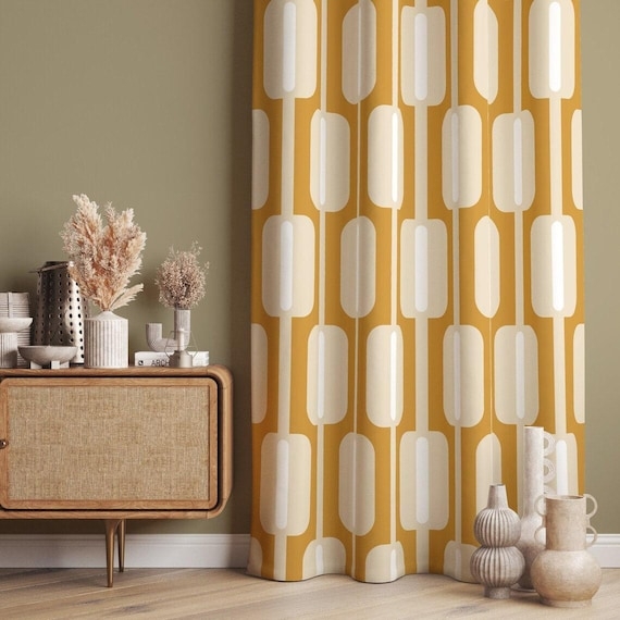 Window Curtains Mustard Geometric Link Print Mod Abstract Drapery