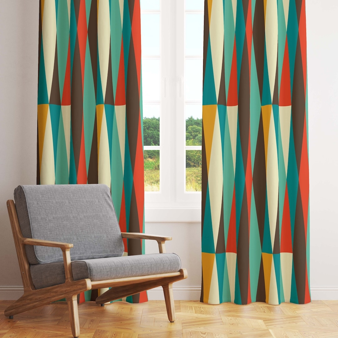 Window Curtains Teal and Red Palette Atomic Age Window Treatments