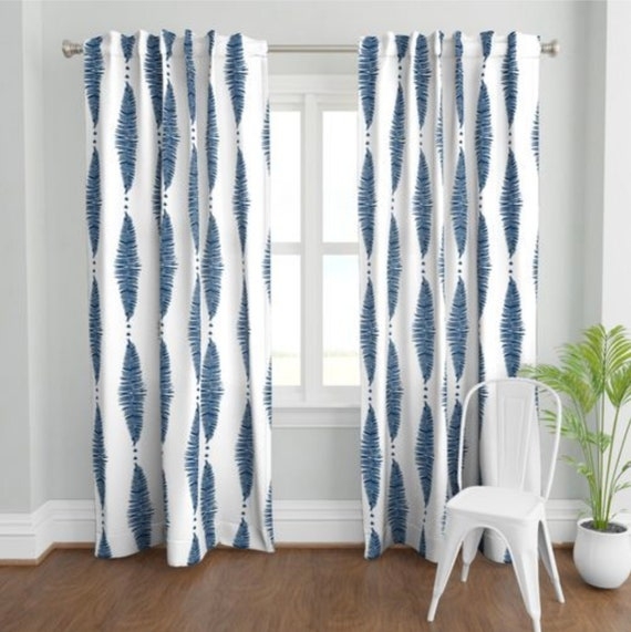 Window Curtains: Vertical Botanical Columns, Navy Ikat Leaf Prints