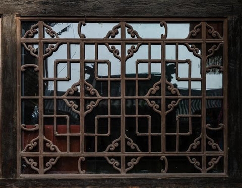 Window Lattice - Espresso Brown Geometric Grid With Scrollwork Motifs