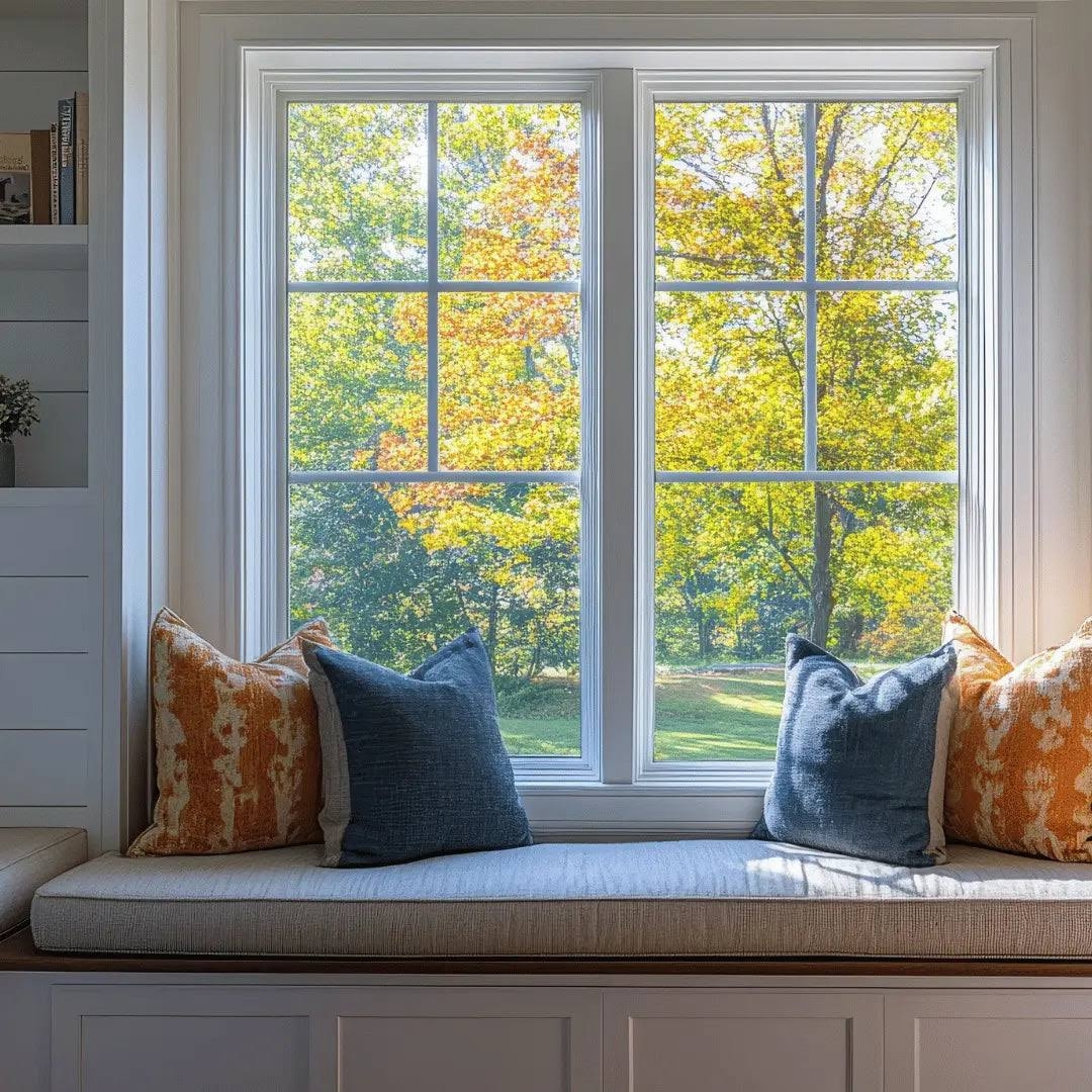 Window Seat Cushion with Contrasting Accent Pillows