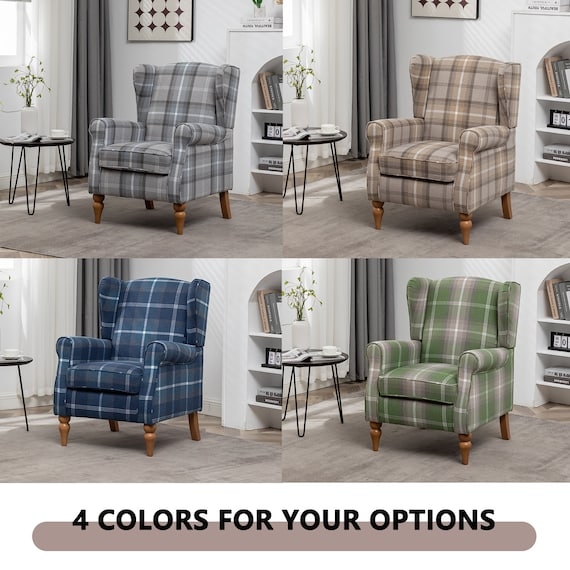 Wingback Chair Retro Tartan Seating with Turned Legs