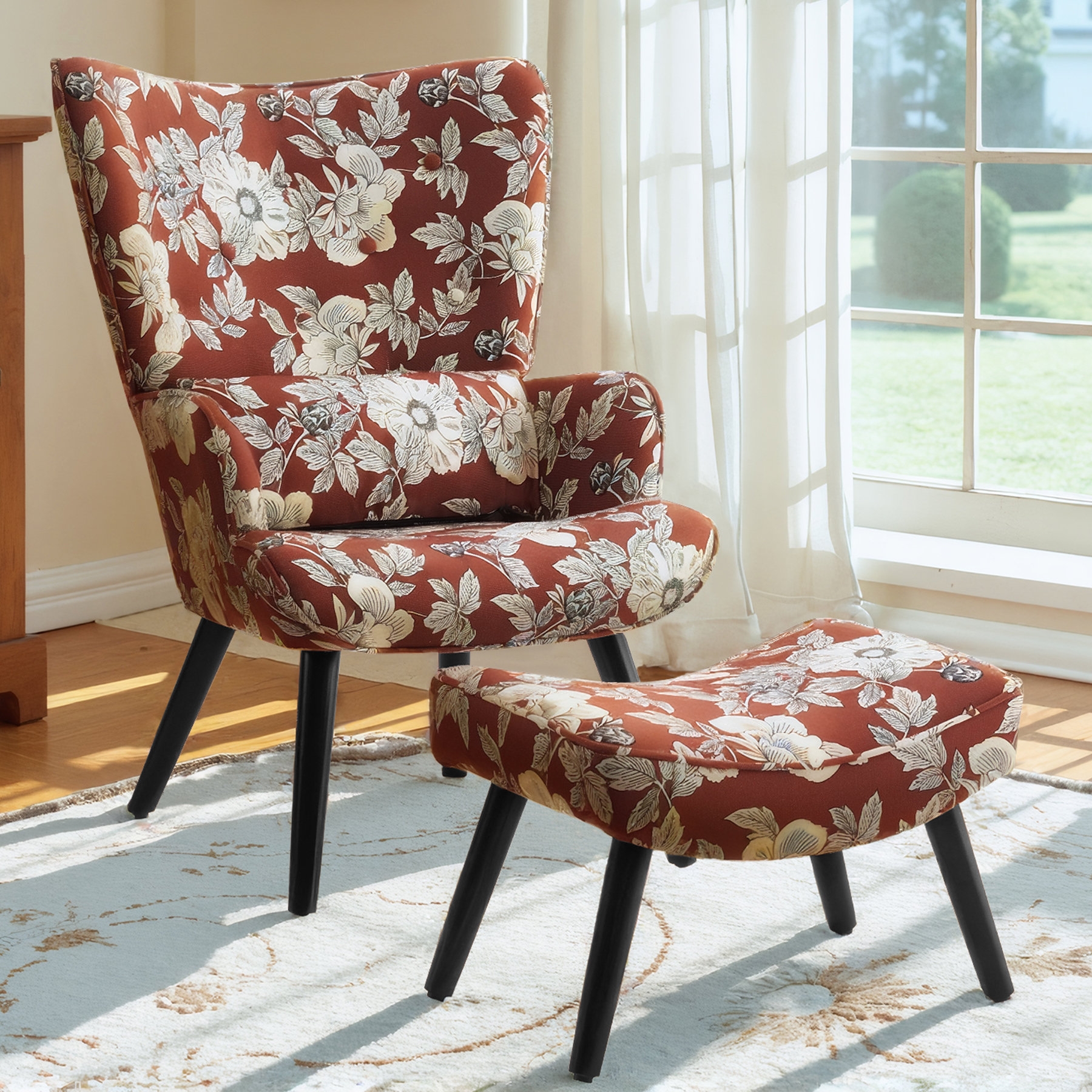 Wingback Chair Set with Rust Botanical Floral Print