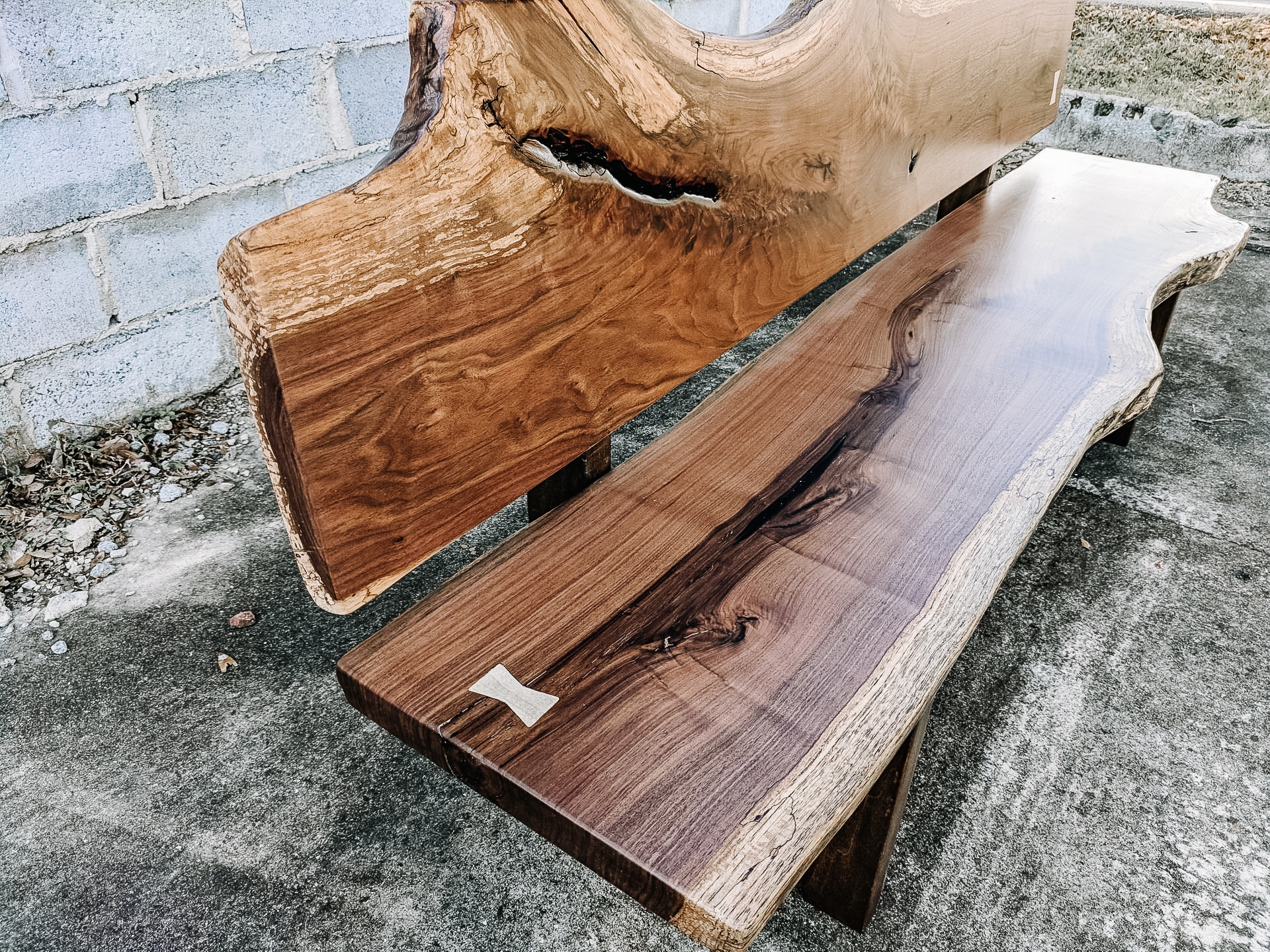 Wood Bench with Butterfly Inlay and Slab Backrest