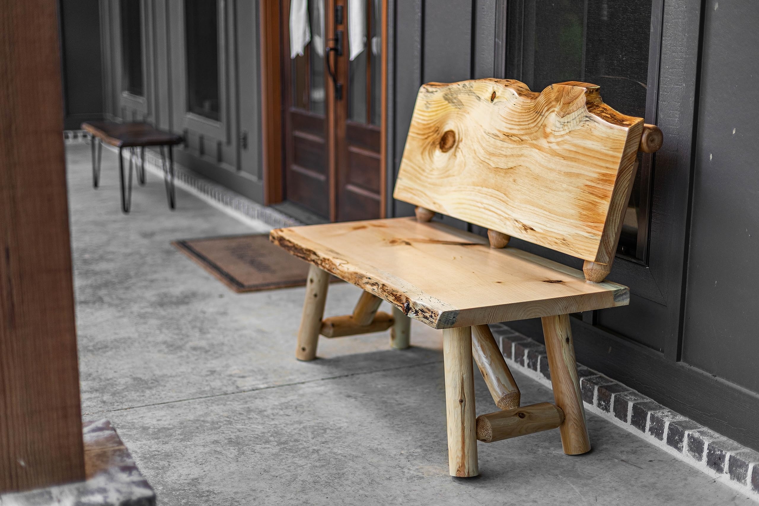 Wood Bench with Log Construction and Clear Finish