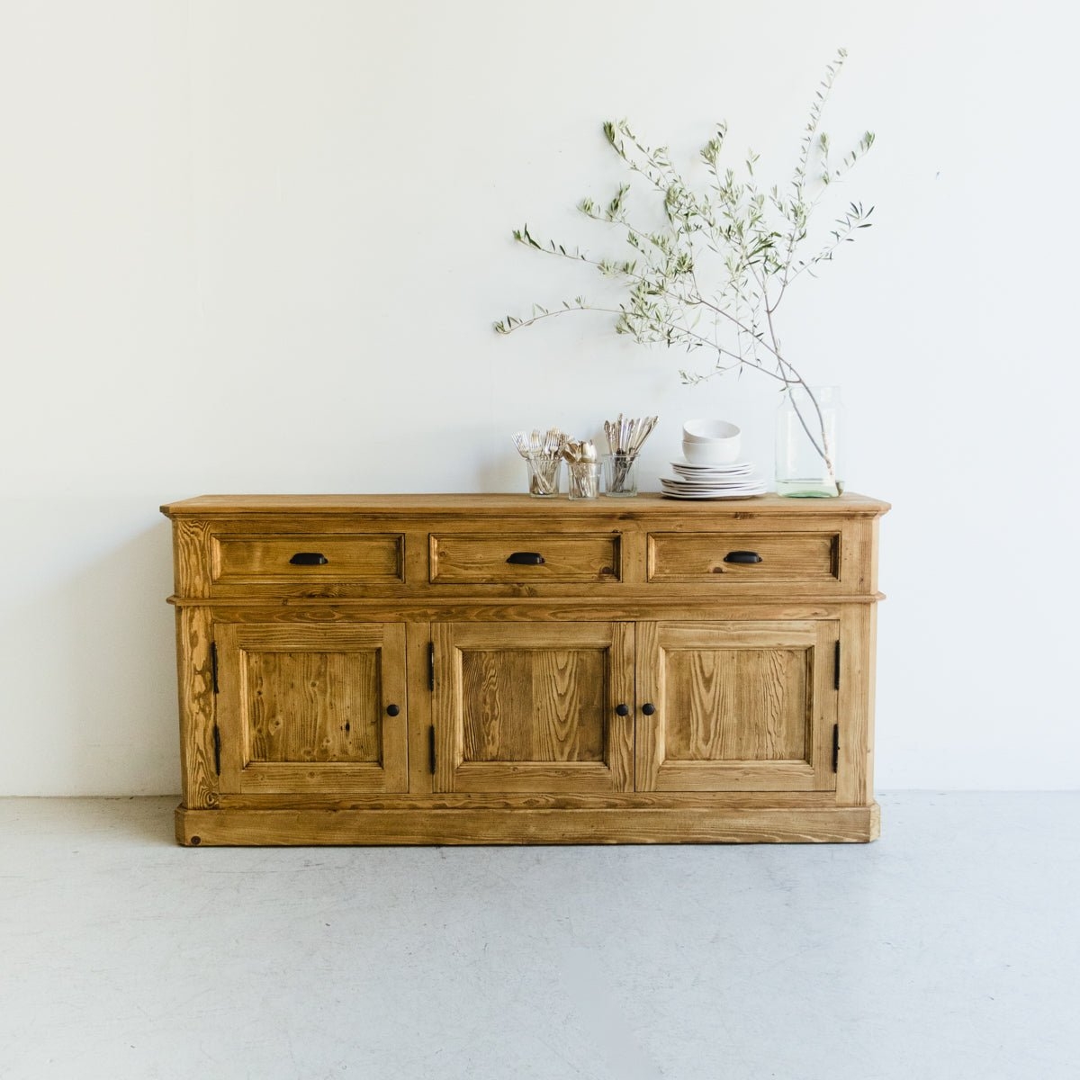 Wood Buffet with Three Drawer Tier and French Inspired Buffet