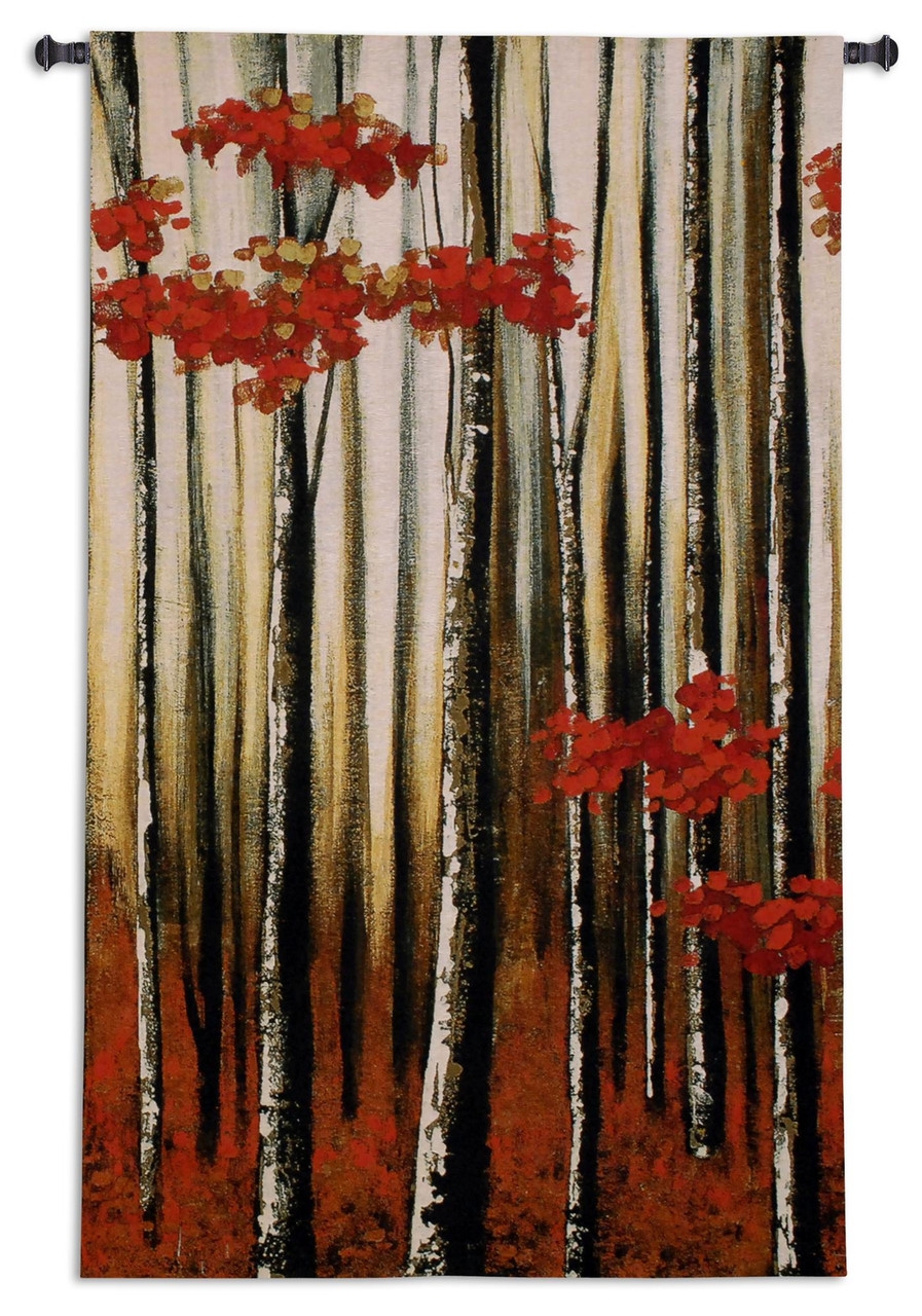 Woven Tapestry Birch Tree Forest Autumn Red Decor