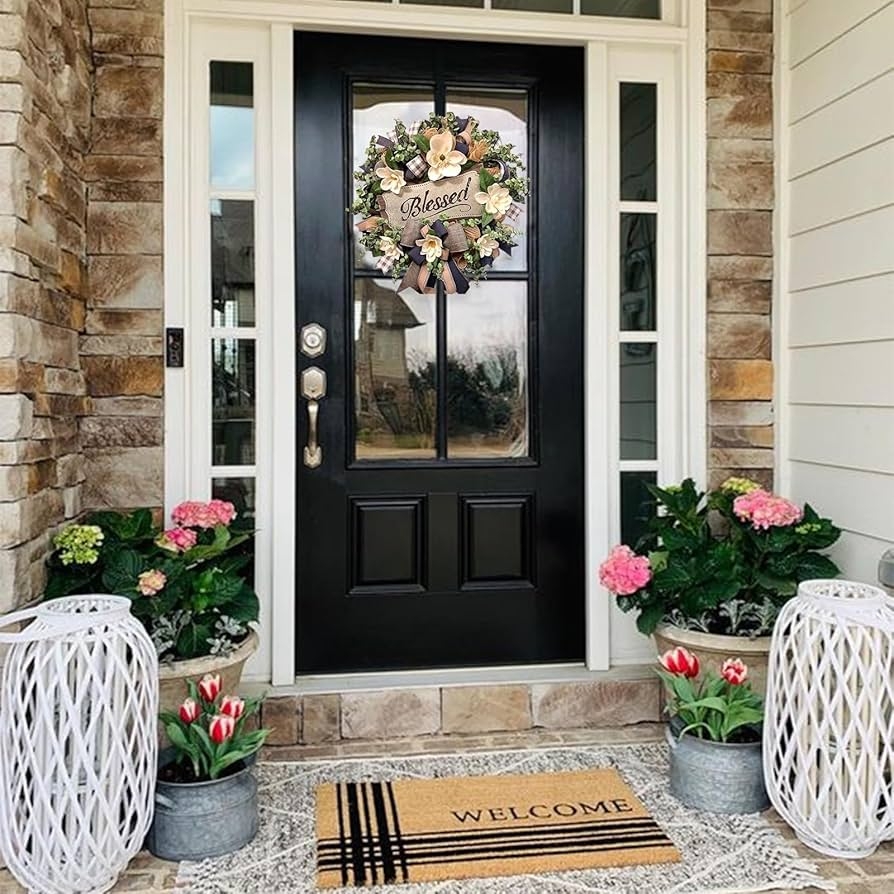 Wreath with Blessed Sign and Buffalo Plaid Farmhouse Decor