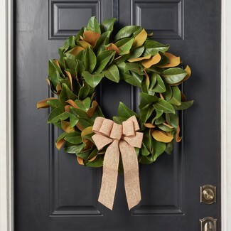 Wreath with Burlap Ribbon Accent and Magnolia Leaf Texture