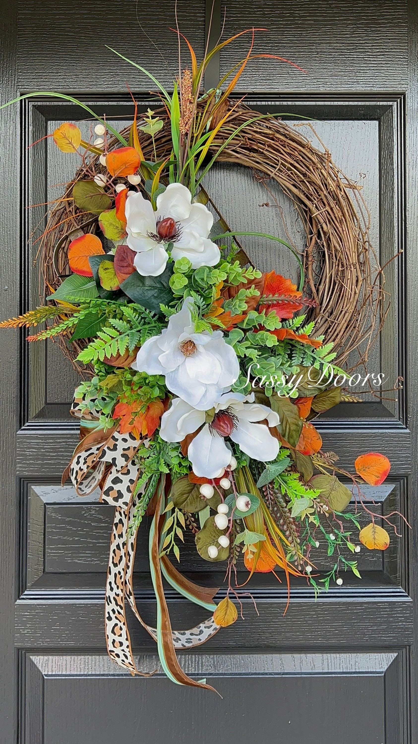 Wreath with Leopard Print Ribbon and White Magnolia Decor