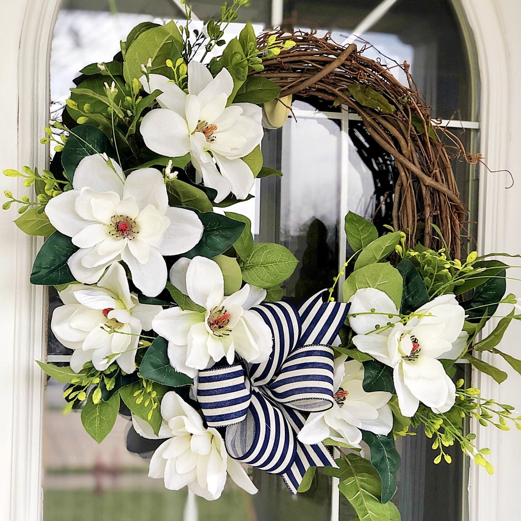 Wreath with Navy Striped Ribbon and Magnolia Bloom Decor