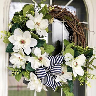 Wreath with Navy Striped Ribbon and Magnolia Bloom Decor