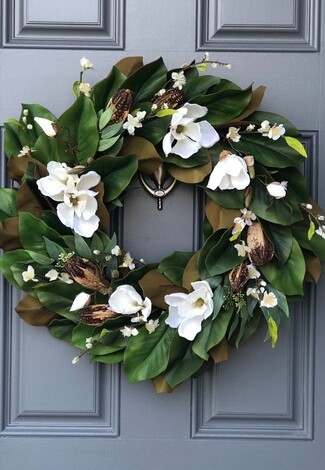 Wreath with Textured Seed Pods and Realistic Faux Magnolia