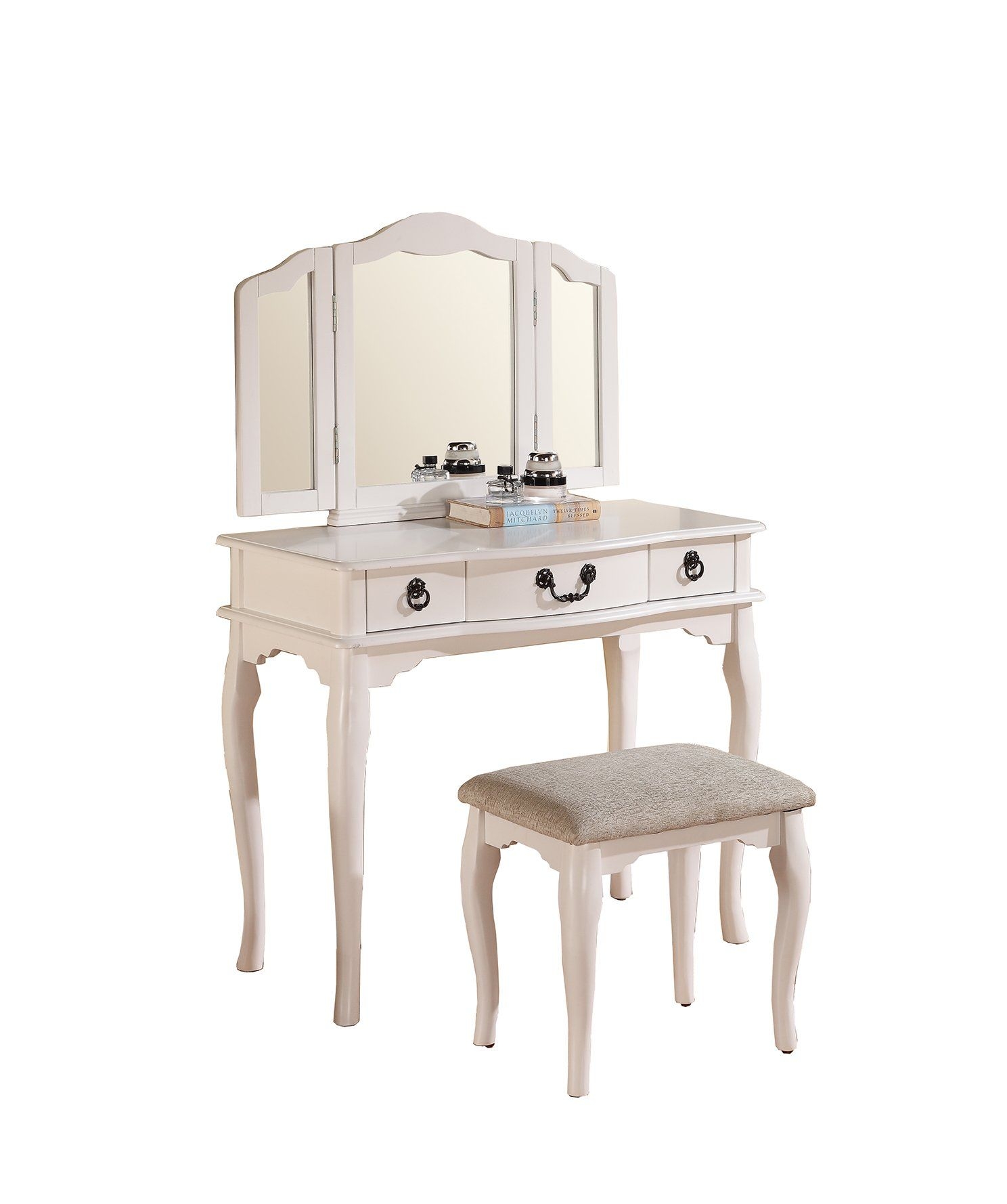 White wood 3 way triple tabletop vanity mirror freestanding vintage shabby chic 