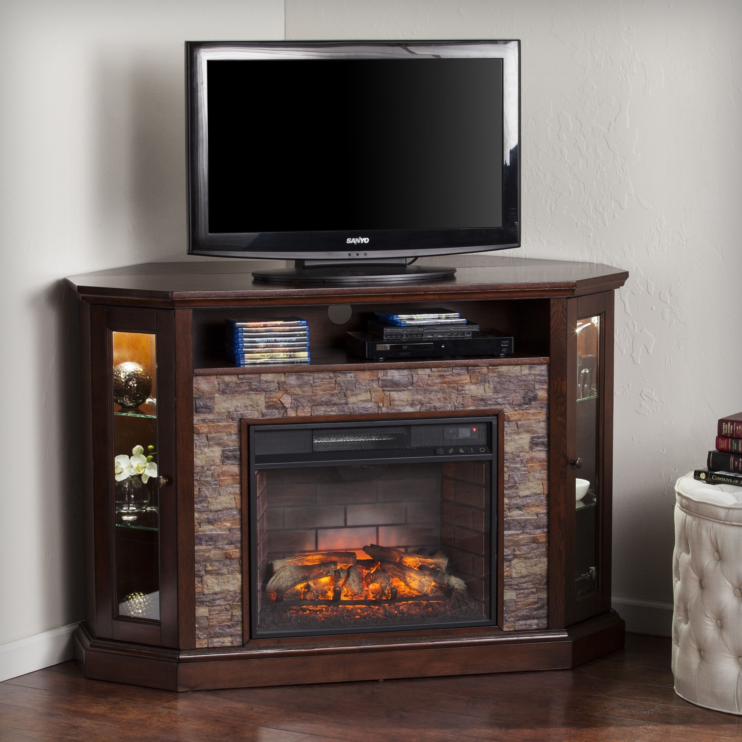 Corner Electric Fireplace Tv Stand, Corner Tv Stand With Built In Surround Sound And Fireplace