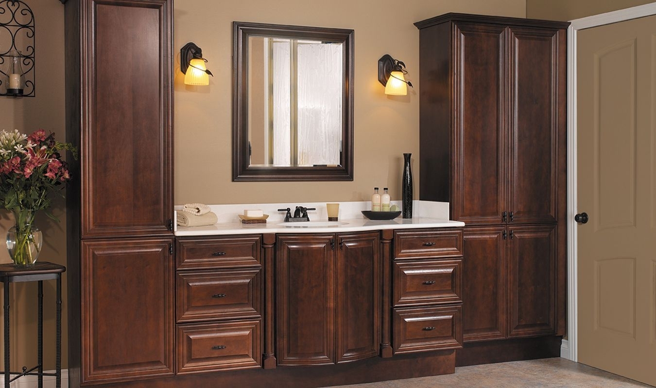 Single sink bathroom vanity with linen tower